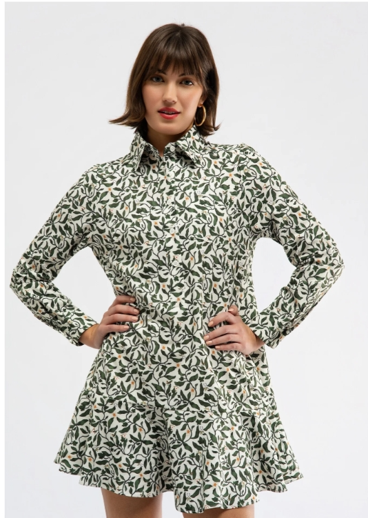 Cherry Dress by Smith and Quinn in green leaf print, long sleeves, button-front, drop waist, front view style#11088