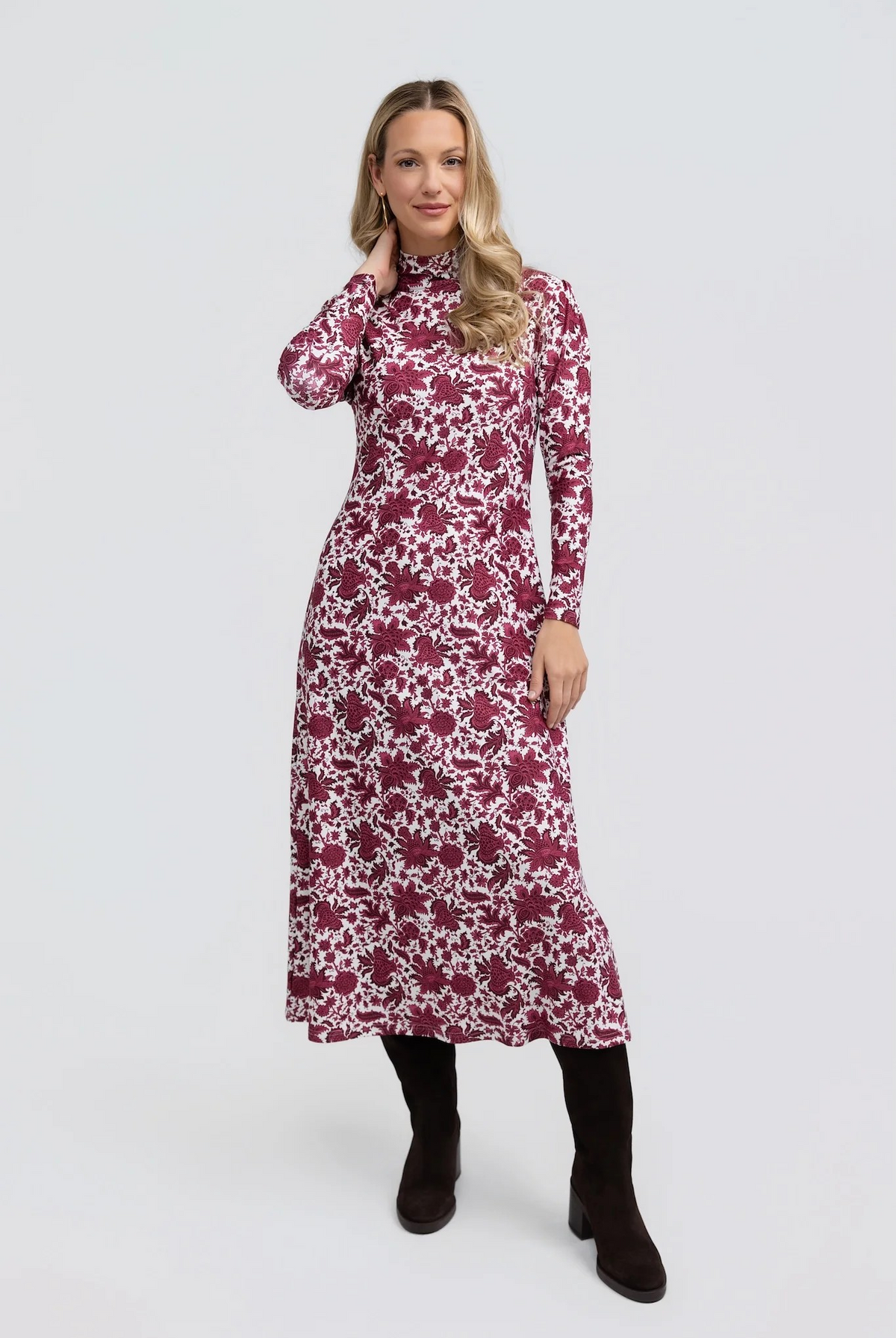 Daisy Dress Regal Raspberry by Smith & Quinn, raspberry floral midi dress with long sleeves and turtleneck, front view style#11040
