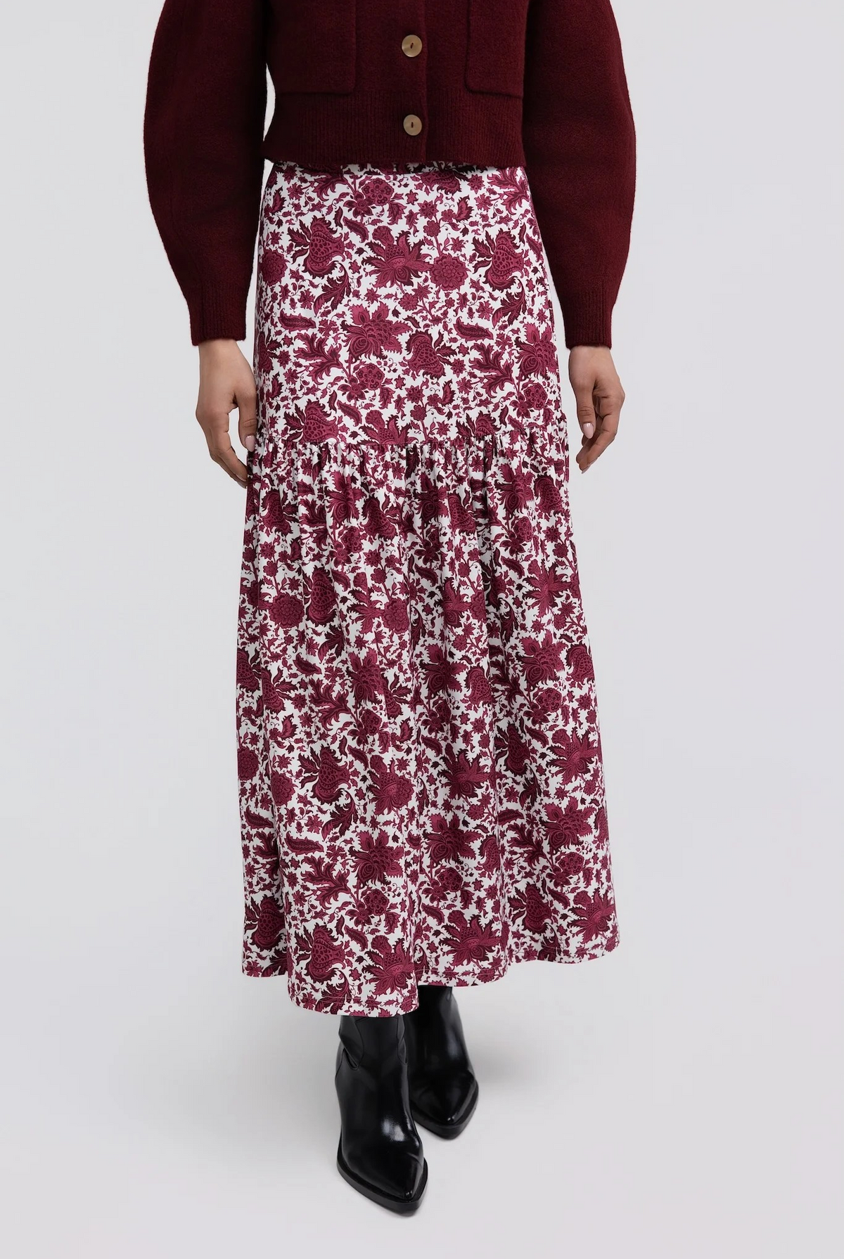 Faye Skirt by Smith & Quinn in raspberry floral print, with a smooth upper panel and gathered maxi skirt, front view