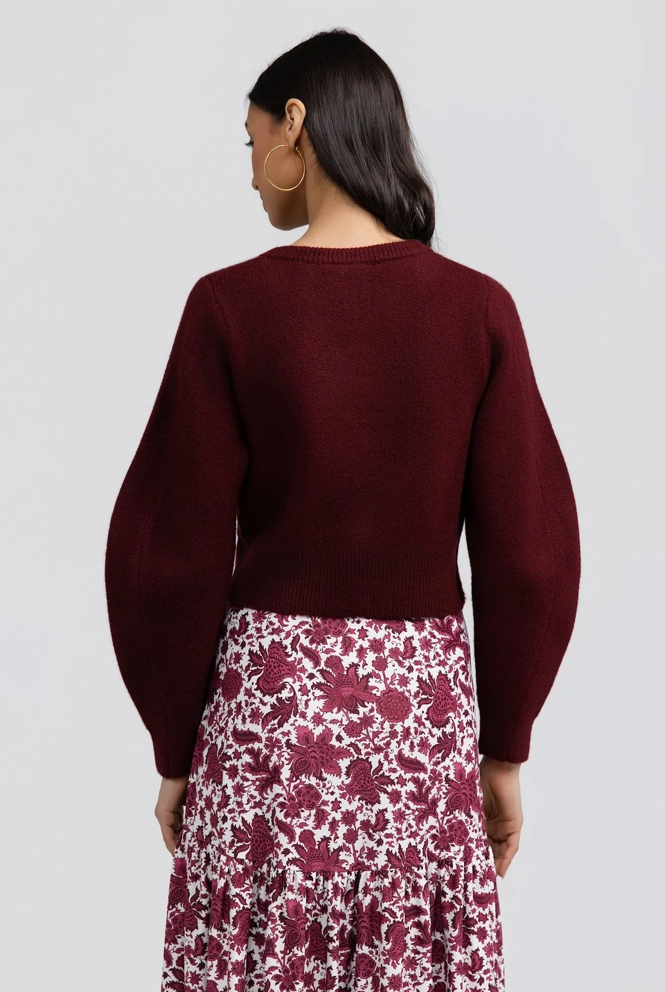 Hildy Sweater by Smith & Quinn in burgundy, showing cropped length, balloon sleeves, and ribbed cuffs, back view