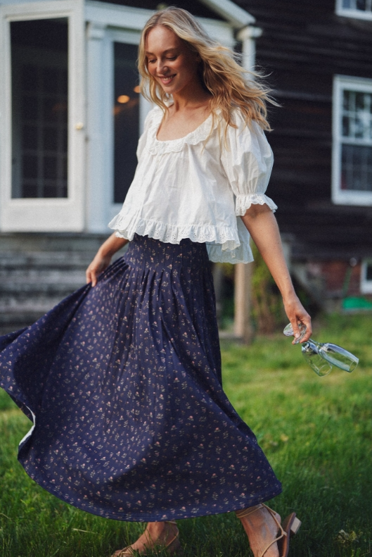lennox Skirt by Smith and Quinn navy floral pleated midi skirt in motion, style 15030