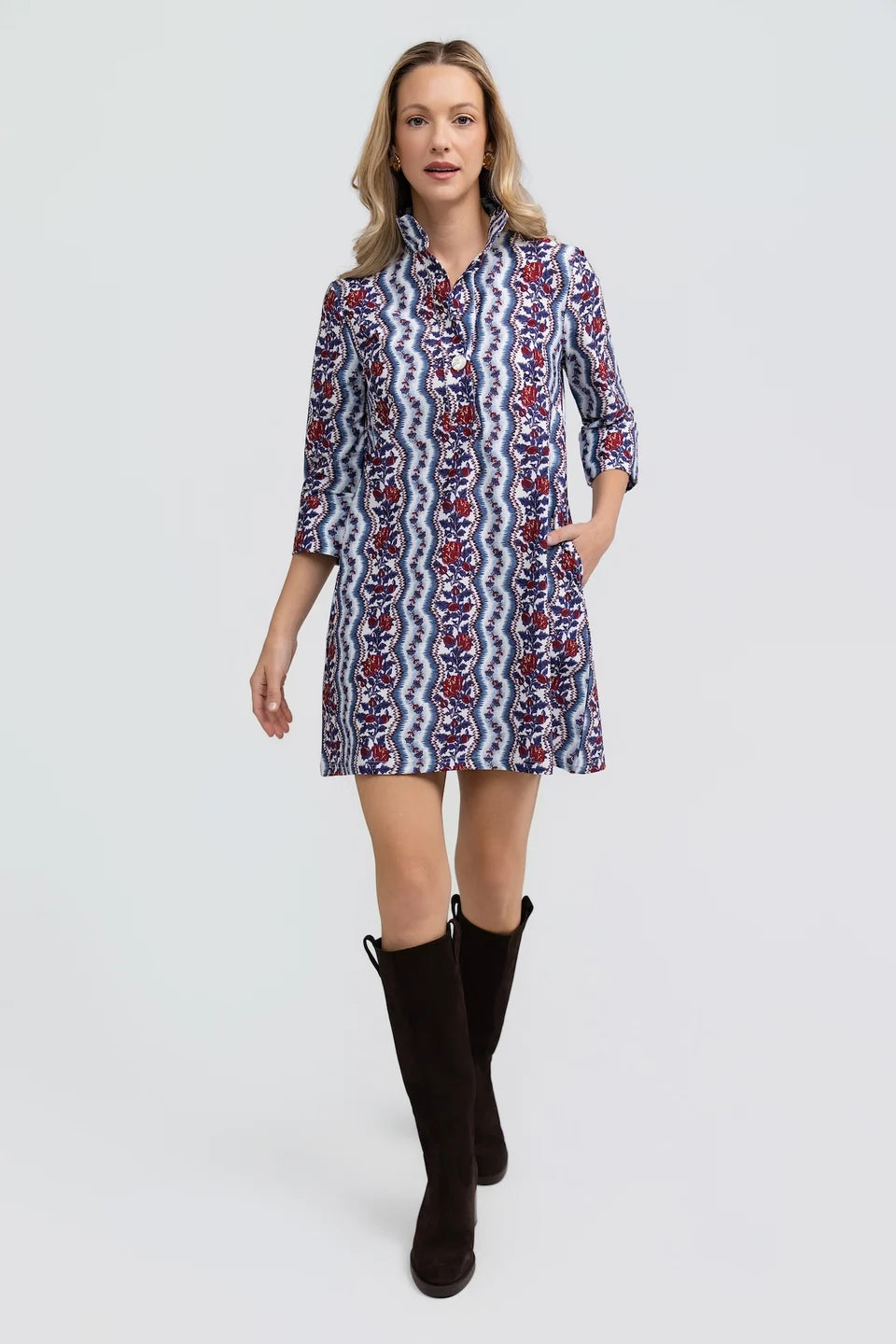 Martha Dress by Smith & Quinn with blue wavy stripes, burgundy florals, collar, and three-quarter sleeves, front view