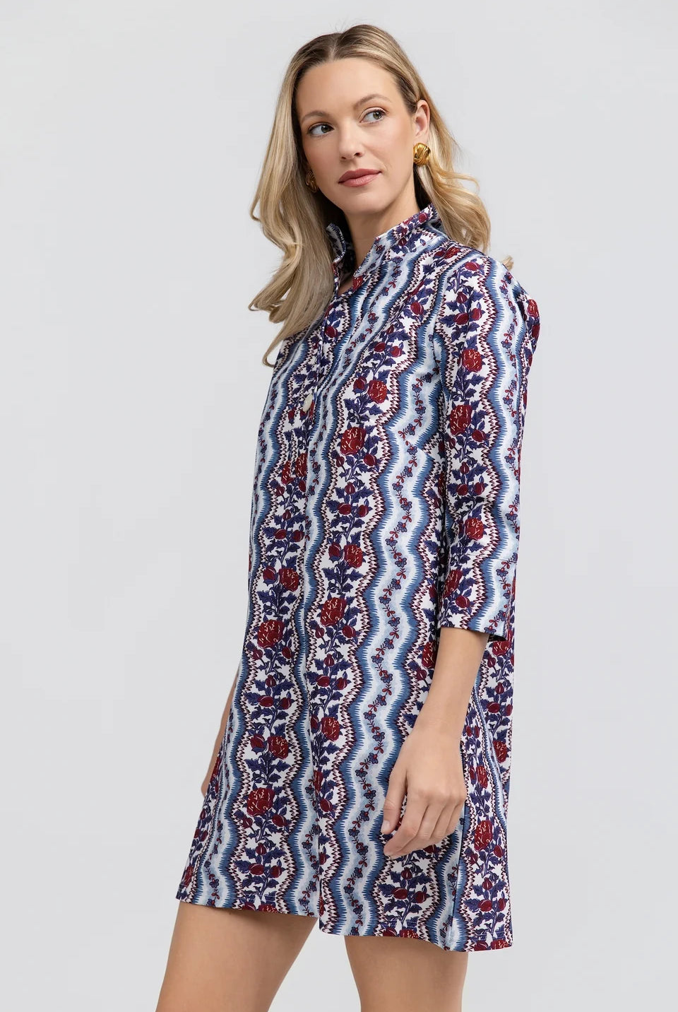 Martha Dress by Smith & Quinn in blue stripes and burgundy florals, showing collar and shift silhouette, angled view