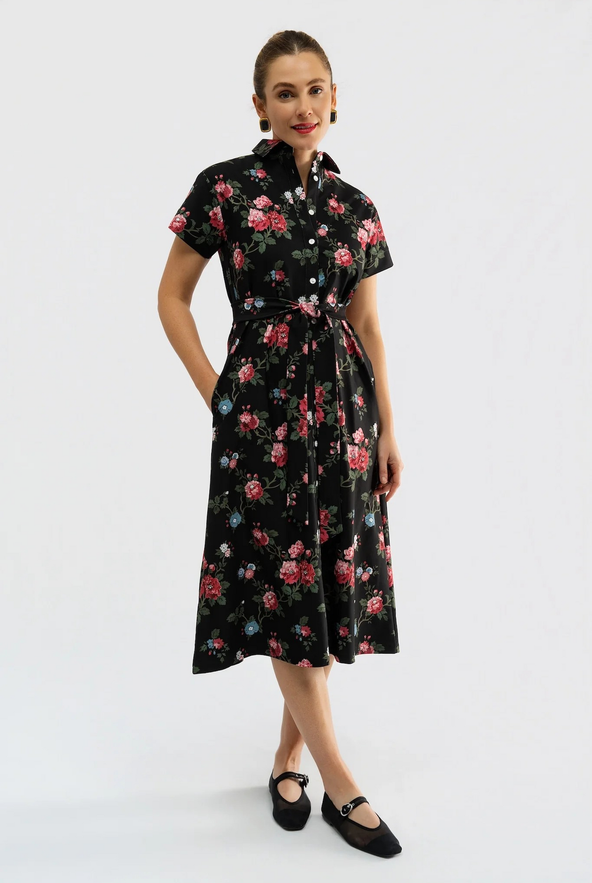 Miller Dress Duchess Rose by Smith & Quinn, black with pink florals, short sleeves and waist tie, full-length front view