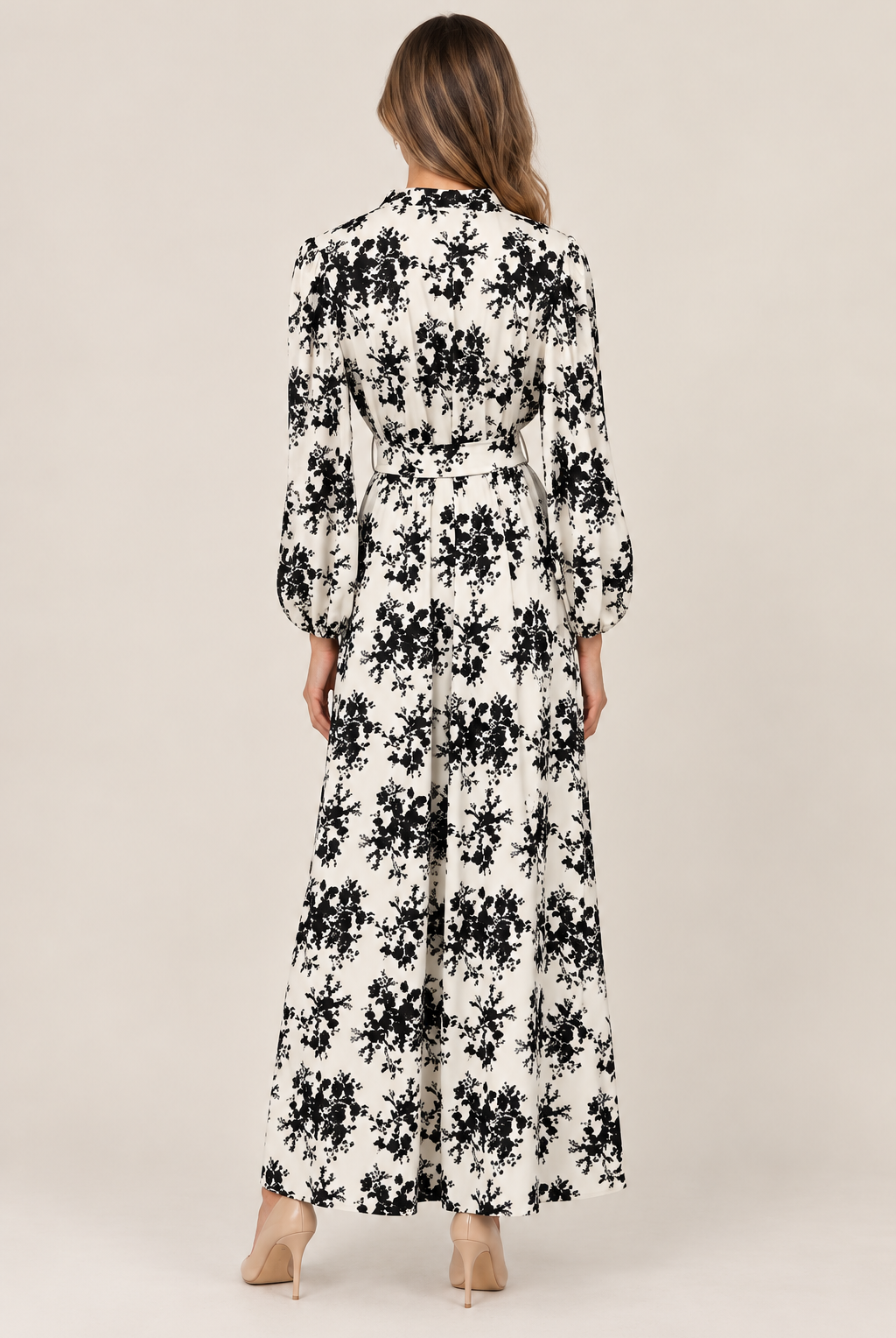 Vivian Dress Keepsake Buttercream by Smith & Quinn, black floral maxi with defined waist and balloon sleeves, back view