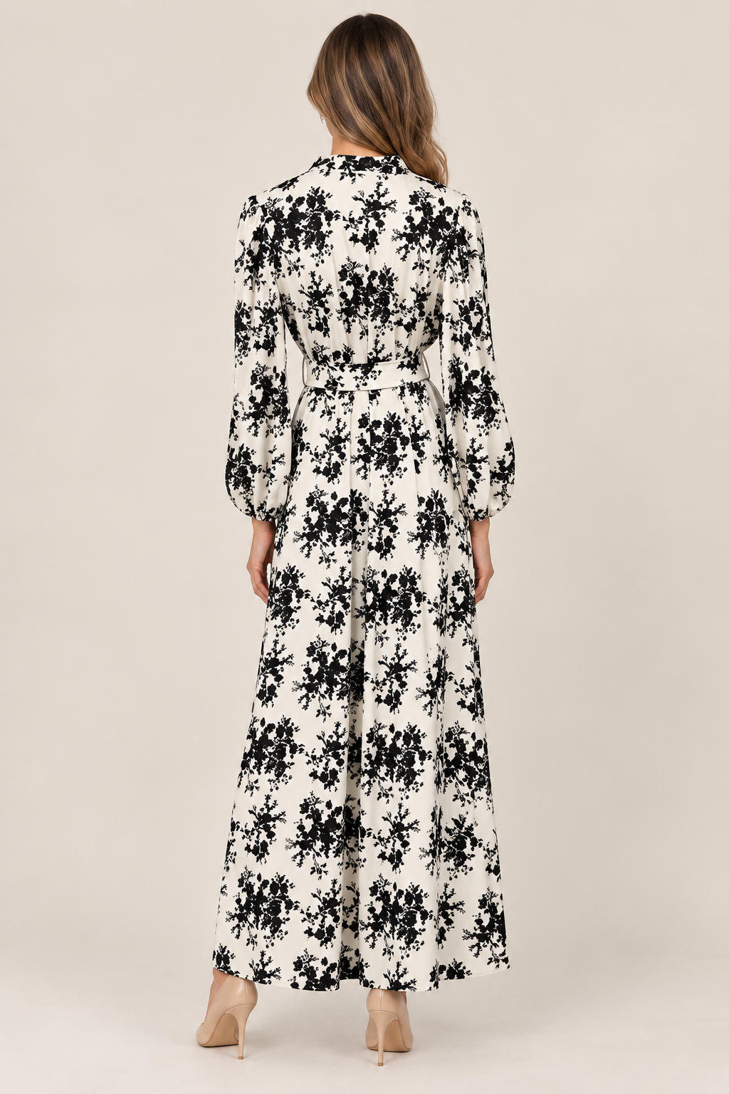 Vivian Dress Keepsake Buttercream by Smith & Quinn, black floral maxi with defined waist and balloon sleeves, back view