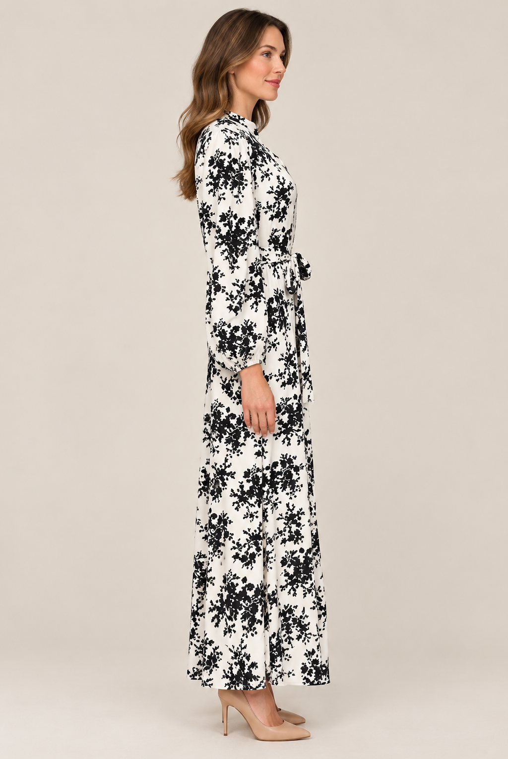 Vivian Dress Keepsake Buttercream by Smith & Quinn, black floral maxi with long balloon sleeves and waist tie, side view