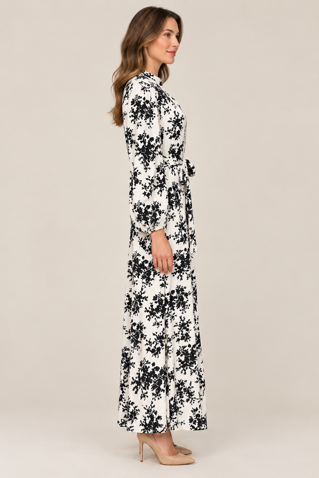 Vivian Dress Keepsake Buttercream by Smith & Quinn, black floral maxi with long balloon sleeves and waist tie, side view