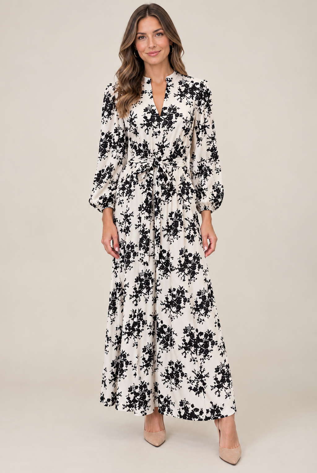 Vivian Dress Keepsake Buttercream by Smith & Quinn, black floral maxi with V-neckline, balloon sleeves and waist tie, front view