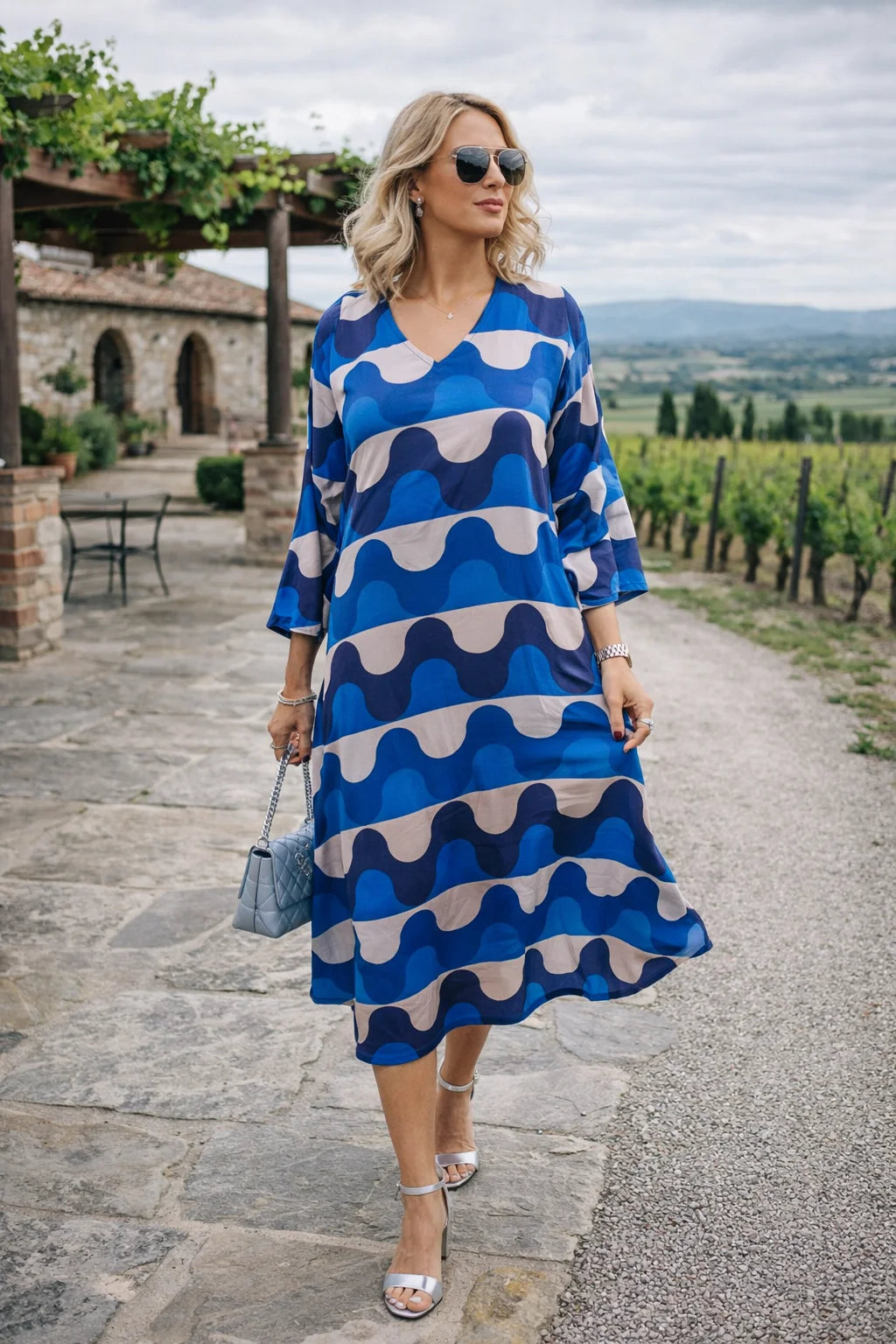 Sohana Anne Dress in Electric Blue wave print, relaxed silhouette, front view