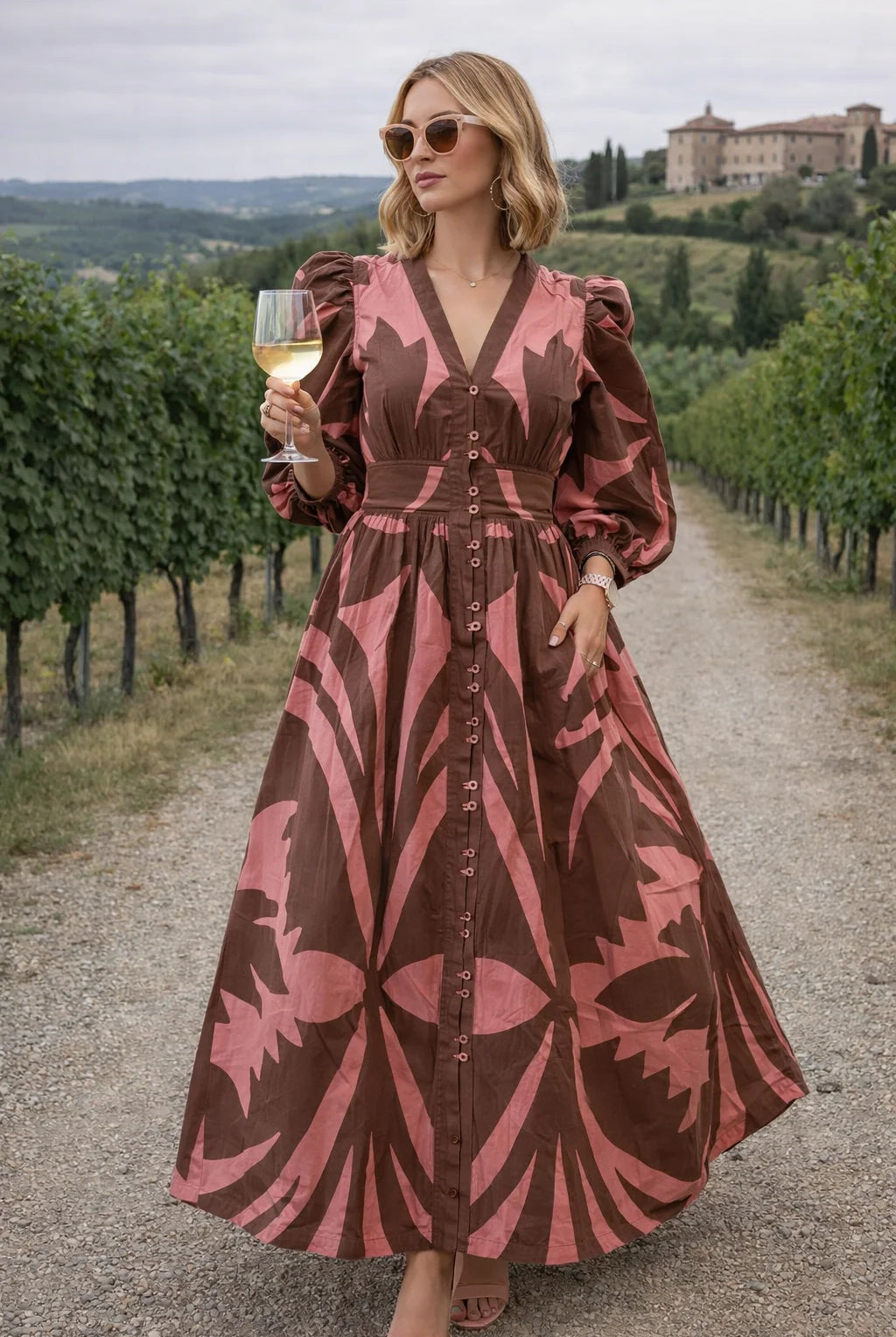 Sohana Lucca Dress in Rosewood print, deep V-neckline, button front, front view