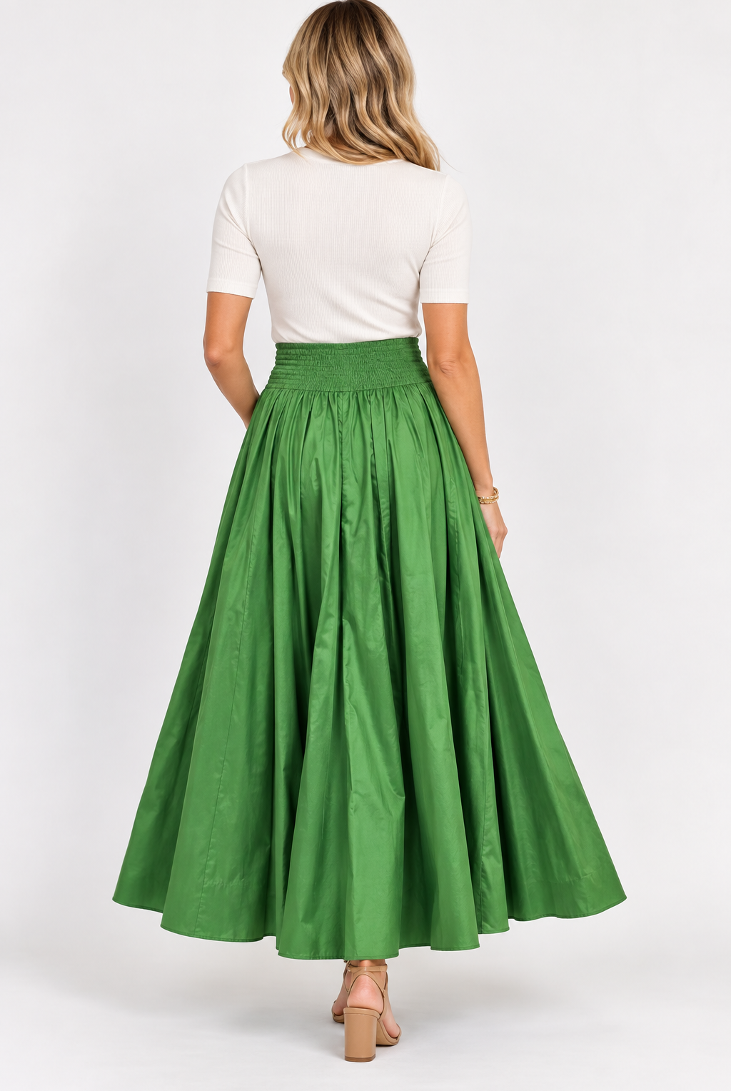 Sohana Maria Skirt in Magpie Green, pleated maxi silhouette, back view