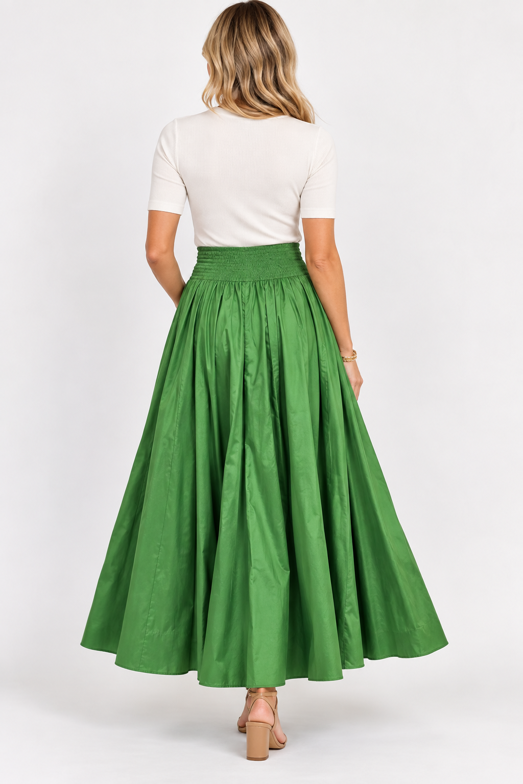 Sohana Maria Skirt in Magpie Green, pleated maxi silhouette, back view