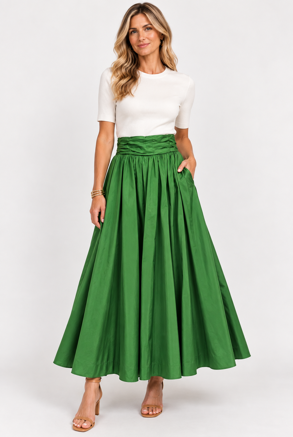 Sohana Maria Skirt in Magpie Green, pleated emerald maxi silhouette, full look