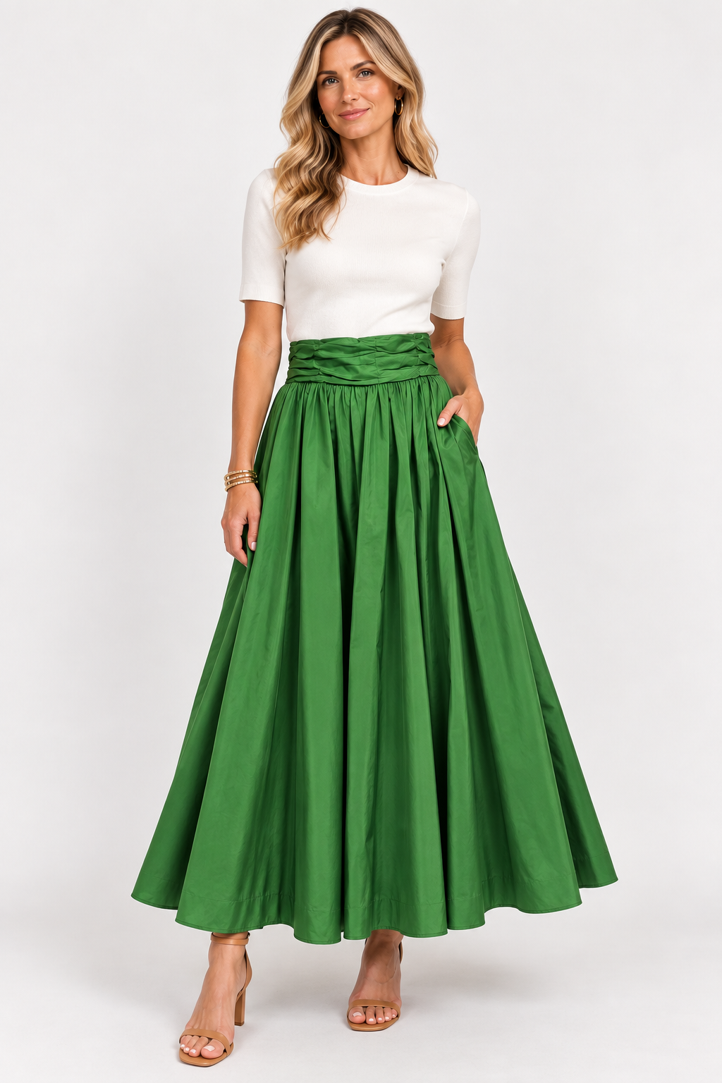 Sohana Maria Skirt in Magpie Green, pleated emerald maxi silhouette, full look
