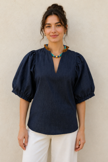 Hadley Top by THML — denim puff sleeve top | Marj & Lizzie style#JH2528