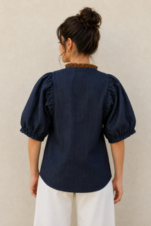 Hadley Top denim puff sleeve detail — THML | Marj & Lizz