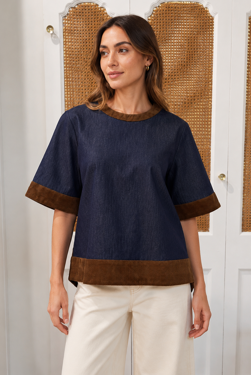 THML Isla Top in dark denim with brown corduroy trim at neckline, sleeves, and hem, front view, boxy fit style # JH2556