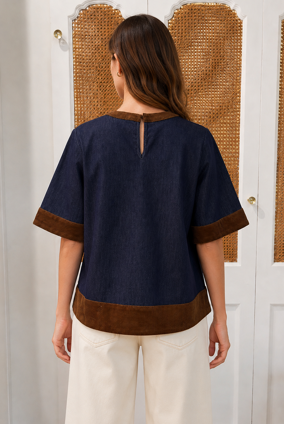 THML Isla Top in dark denim, back view showing keyhole closure and brown corduroy trim style # JH2566