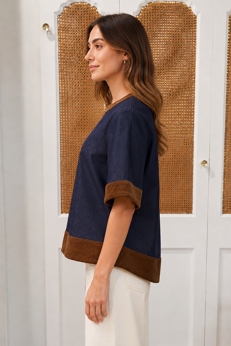 THML Isla Top in dark denim with brown corduroy trim, side view showing sleeve and hem detail style # JH2556