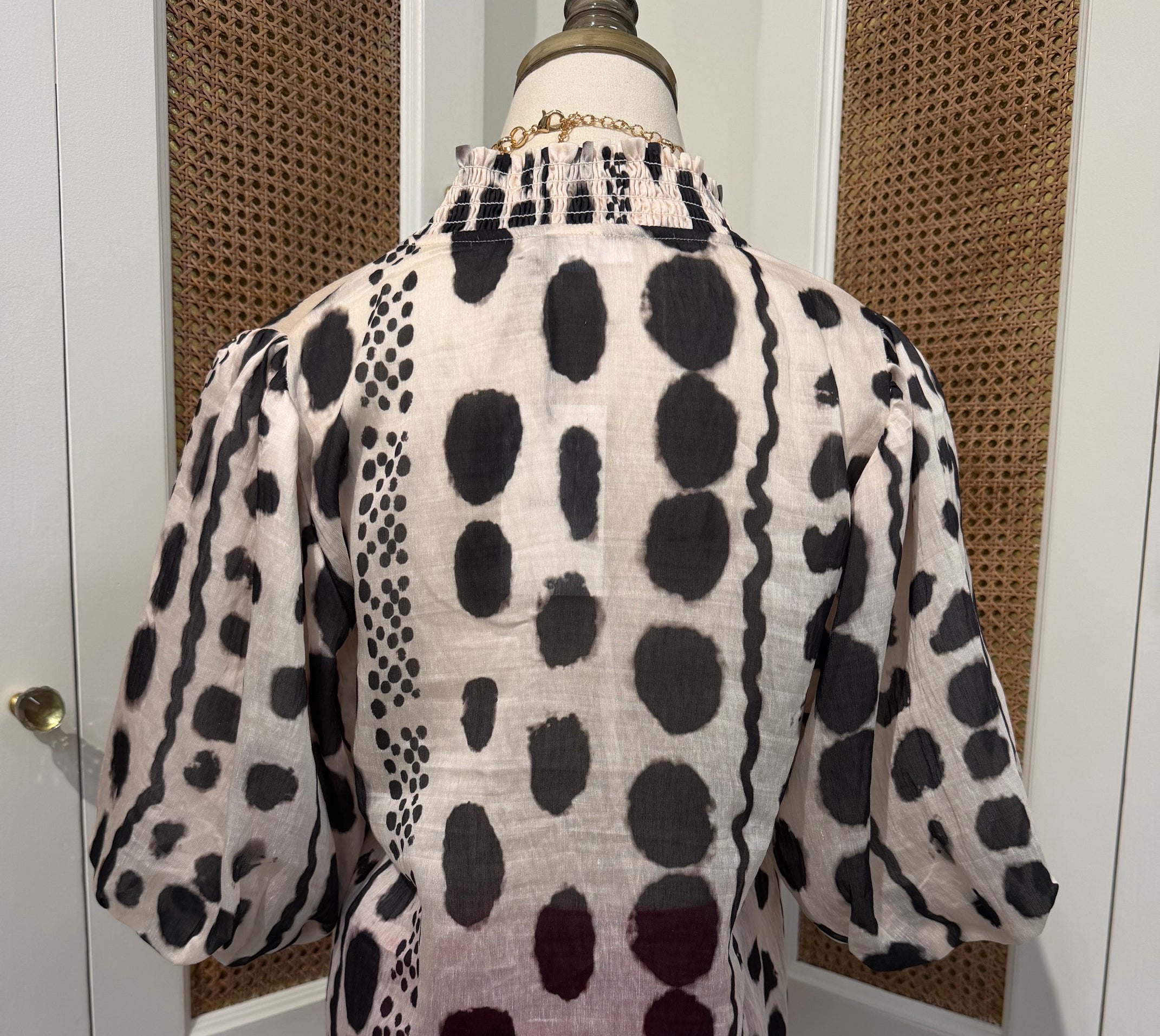Julia Top by THML — black and white geometric print, smocked neckline, short puff sleeves, back view FTM3126-3