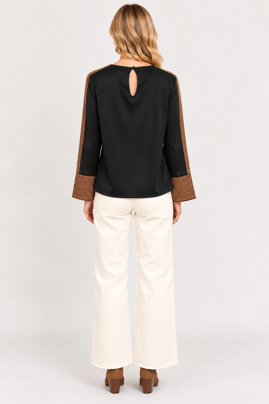 Back view of black Keely Top by THML showing keyhole closure and brown and khaki sleeve stripes, Style #WCT4031