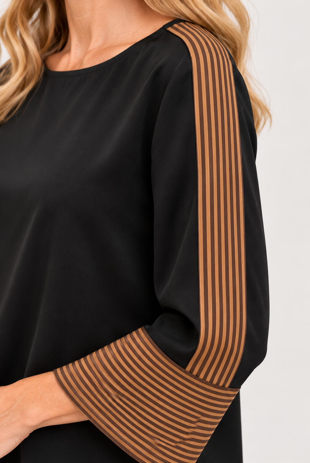 Back view of black Keely Top by THML showing keyhole closure and brown and khaki sleeve stripes, Style #WCT4031