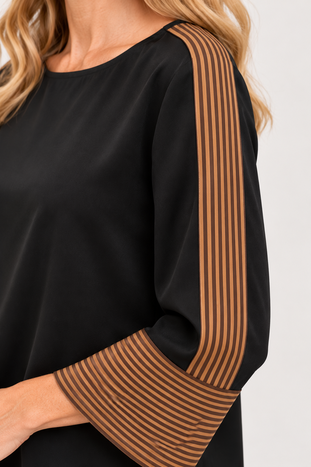 Back view of black Keely Top by THML showing keyhole closure and brown and khaki sleeve stripes, Style #WCT4031