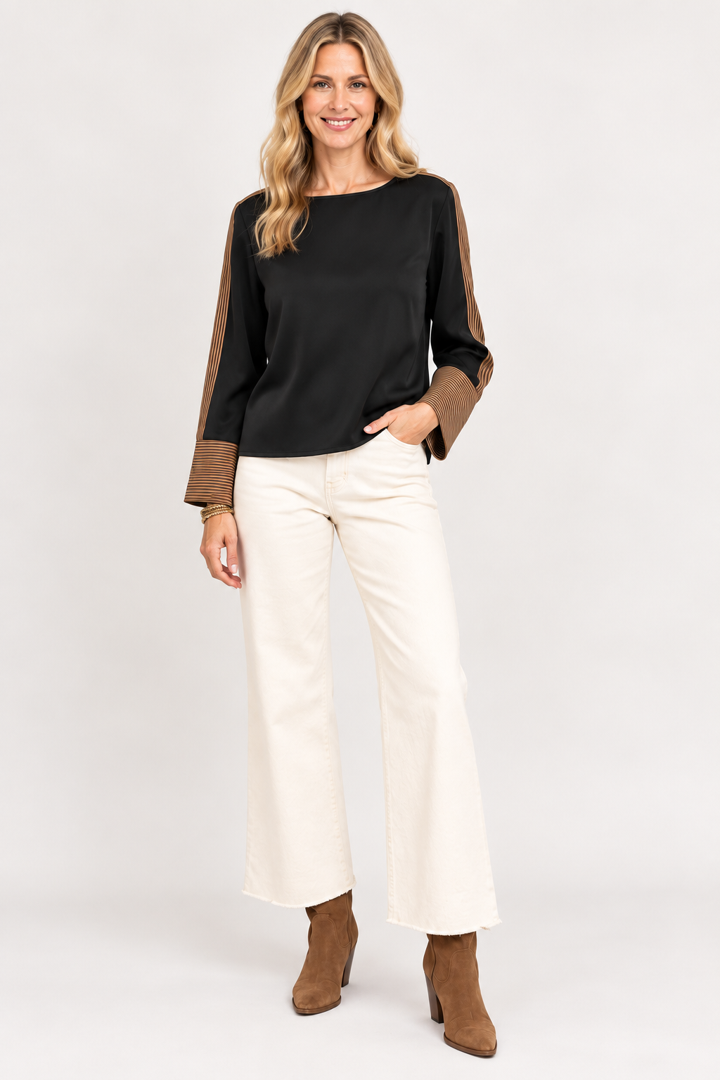 Front view of black Keely Top by THML with crew neckline and brown and khaki sleeve stripes, Style #WCT4031