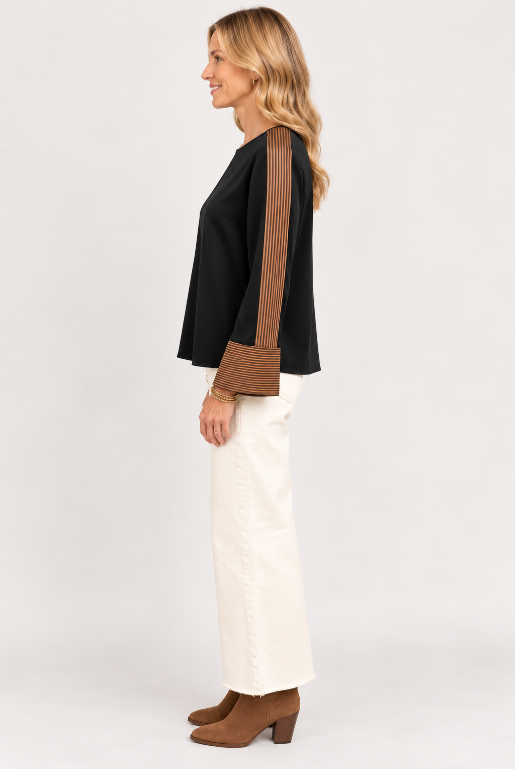 Side view of black Keely Top by THML with brown and khaki striped sleeves, Style #WCT4031