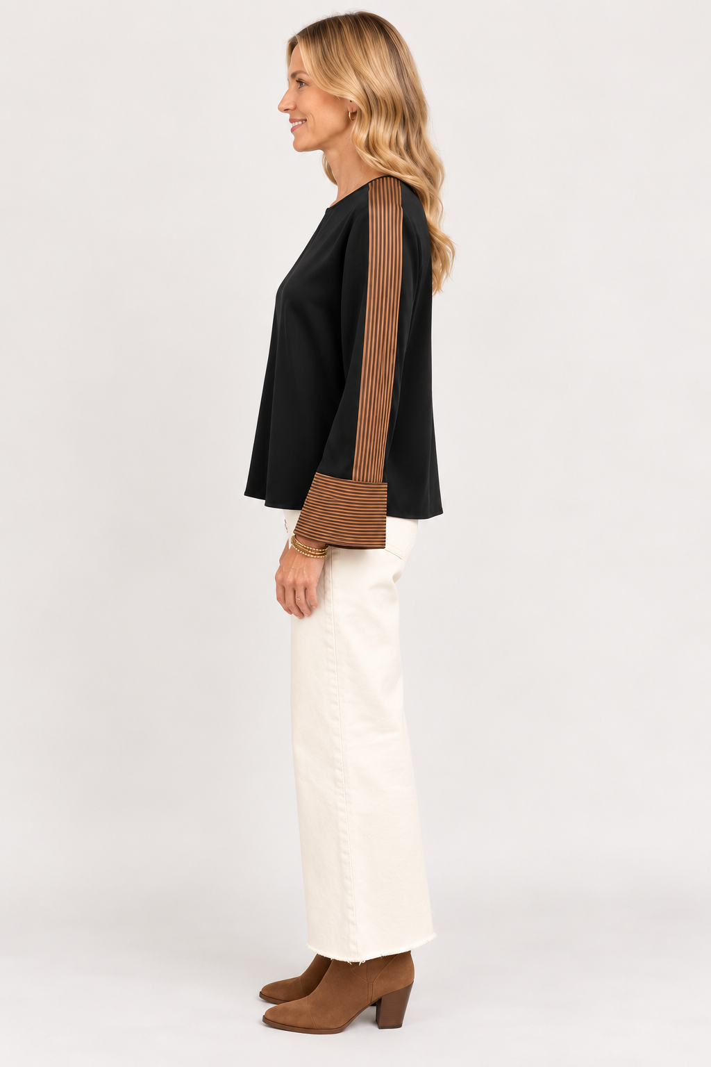 Side view of black Keely Top by THML with brown and khaki striped sleeves, Style #WCT4031