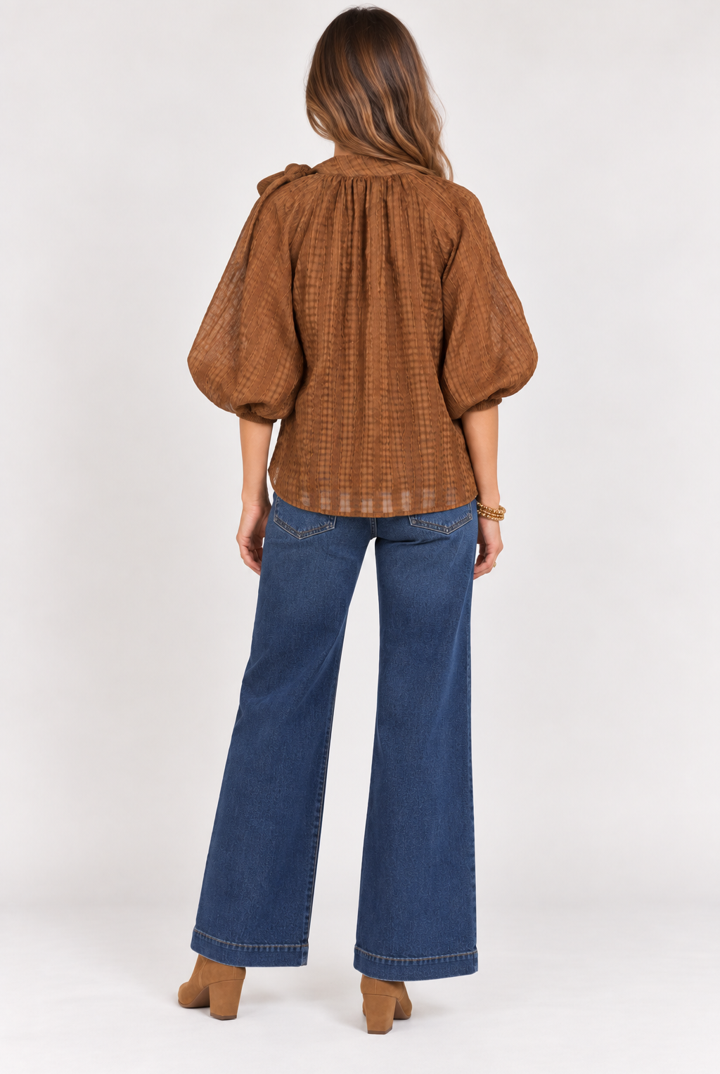 Back view of black Keely Top by THML showing keyhole closure and brown and khaki sleeve stripes, Style #WCT4031