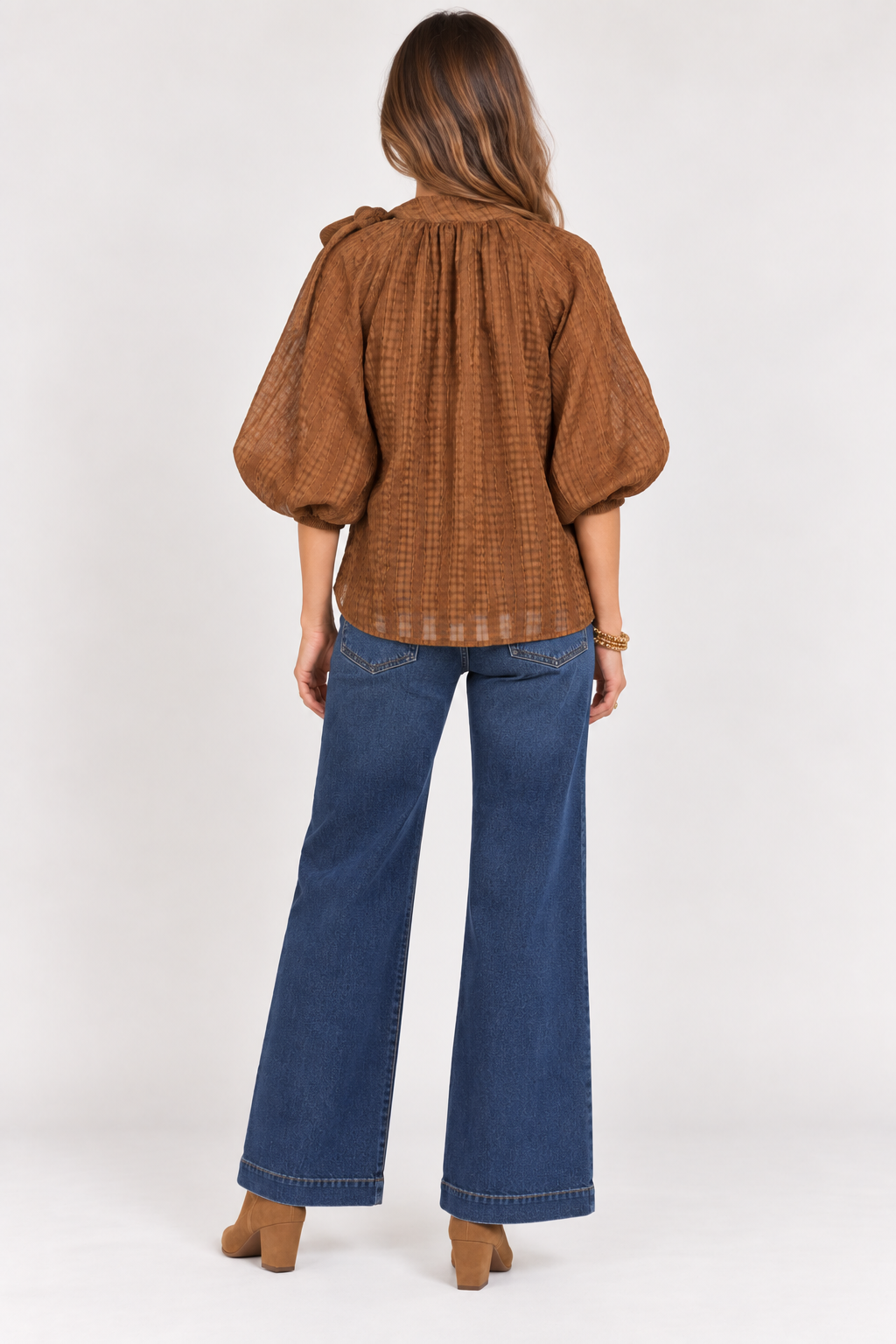 Back view of black Keely Top by THML showing keyhole closure and brown and khaki sleeve stripes, Style #WCT4031