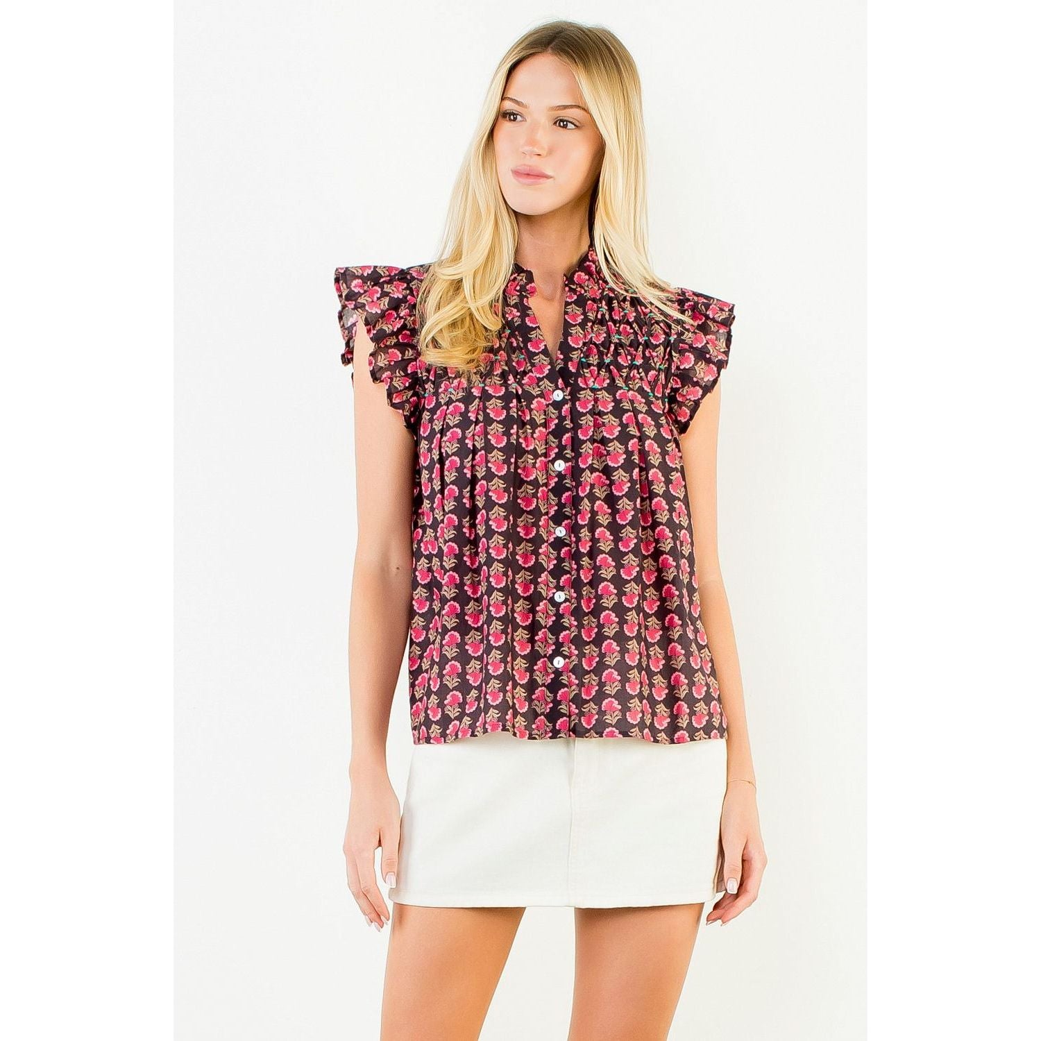 Jackie Top by THML — pink floral block print, flutter sleeves, button-front, chocolate brown cotton