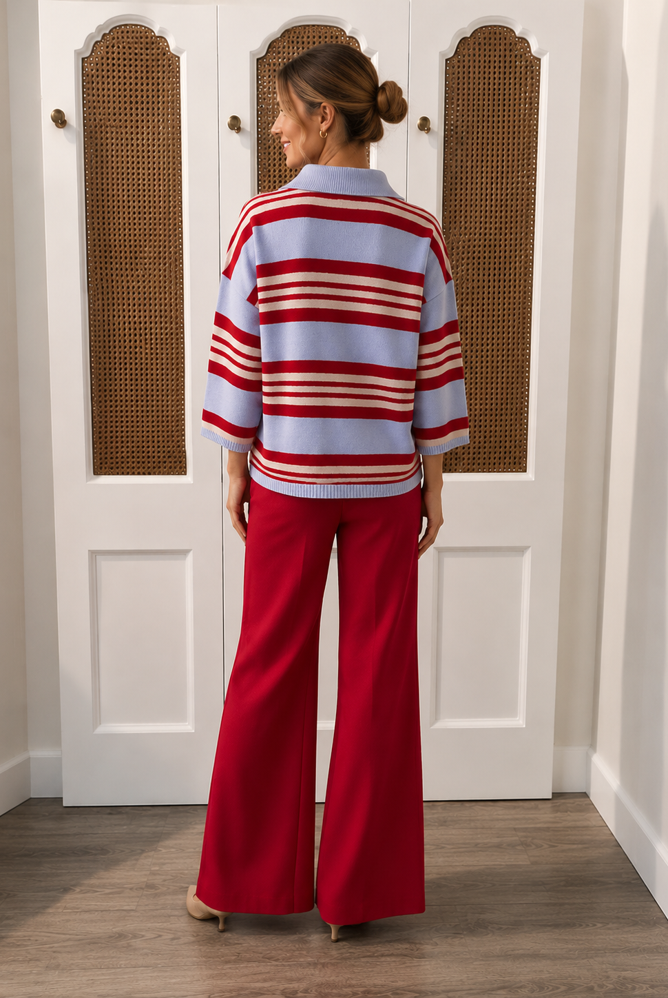Sloane Sweater THML - red blue striped collared sweater wool and cashmere