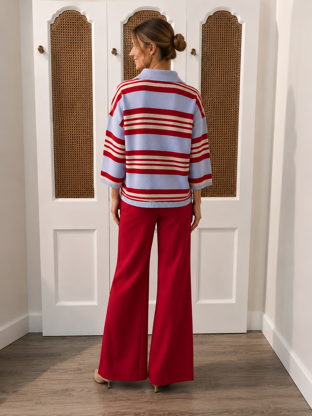 Sloane Sweater THML - red blue striped collared sweater wool and cashmere