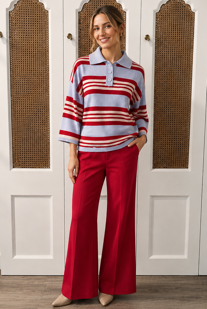 Sloane Sweater THML - red blue striped collared sweater wool and cashmere