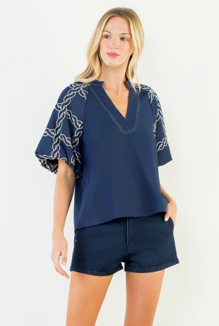 THML Style #WCT3860-1 Beatrice top navy puff sleeve short sleeve top