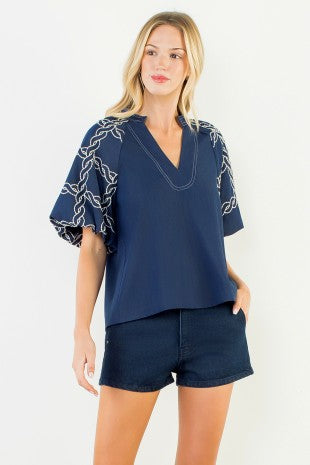 THML Style #WCT3860-1 Beatrice top navy puff sleeve short sleeve top