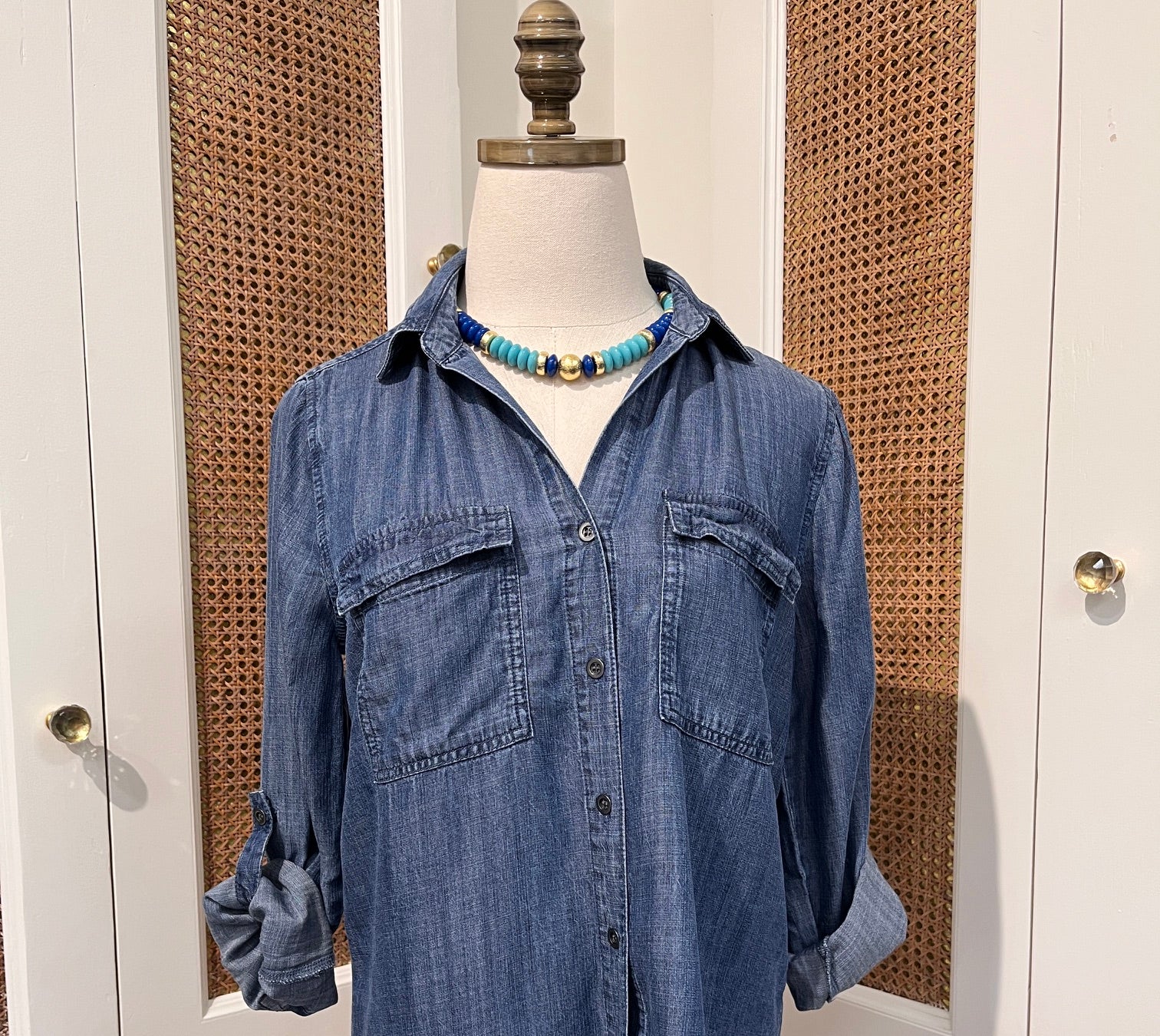 Talma Top by Velvet Heart — medium wash denim button-front shirt with spread collar, flap chest pockets, and rolled tab sleeves