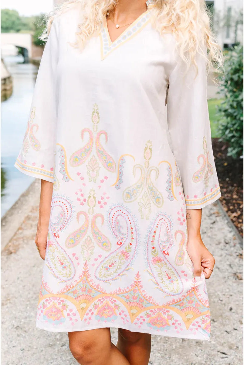 Eloise Dress pastel pink yellow blue paisley border print detail, v-neck, 3/4 sleeve - Marj & Lizzie