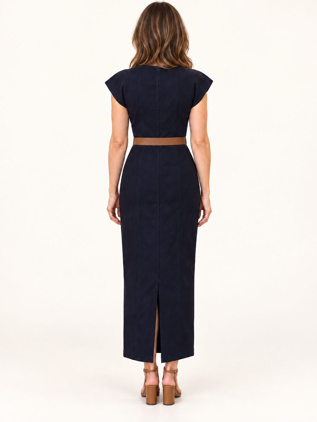 Zyri Dress by Velvet Heart in dark indigo — fitted drop-shoulder silhouette with belt Style# DFD-6269