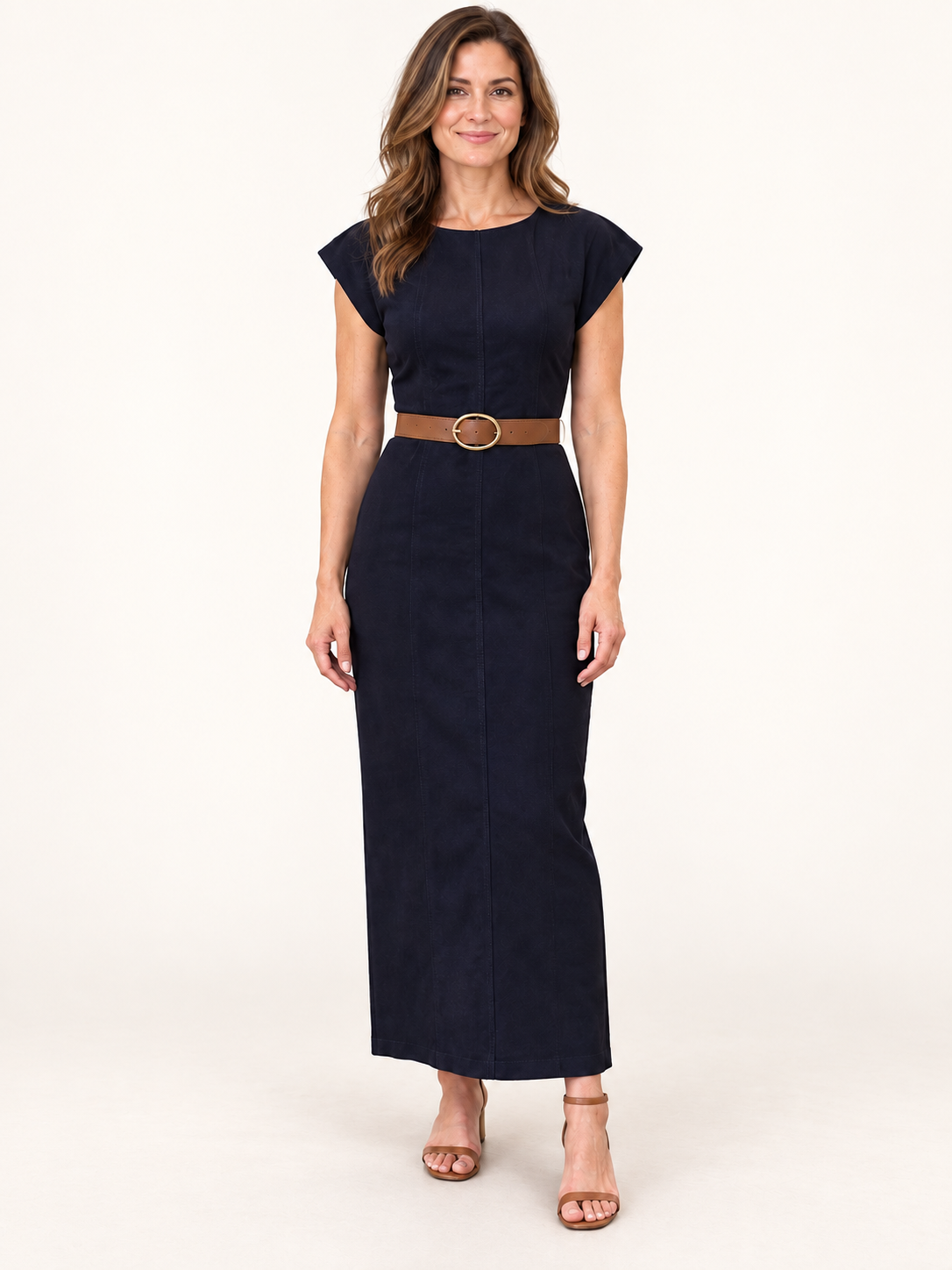 Zyri Dress by Velvet Heart in dark indigo — fitted drop-shoulder silhouette with belt front Style# DFD-6269