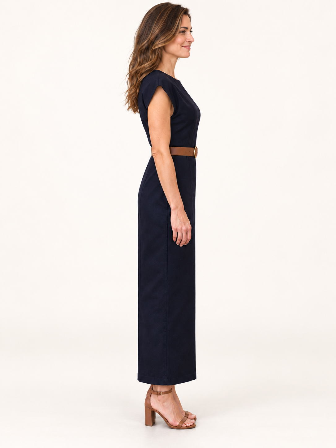 Zyri Dress by Velvet Heart in dark indigo — fitted drop-shoulder silhouette with belt side Style# DFD-6269