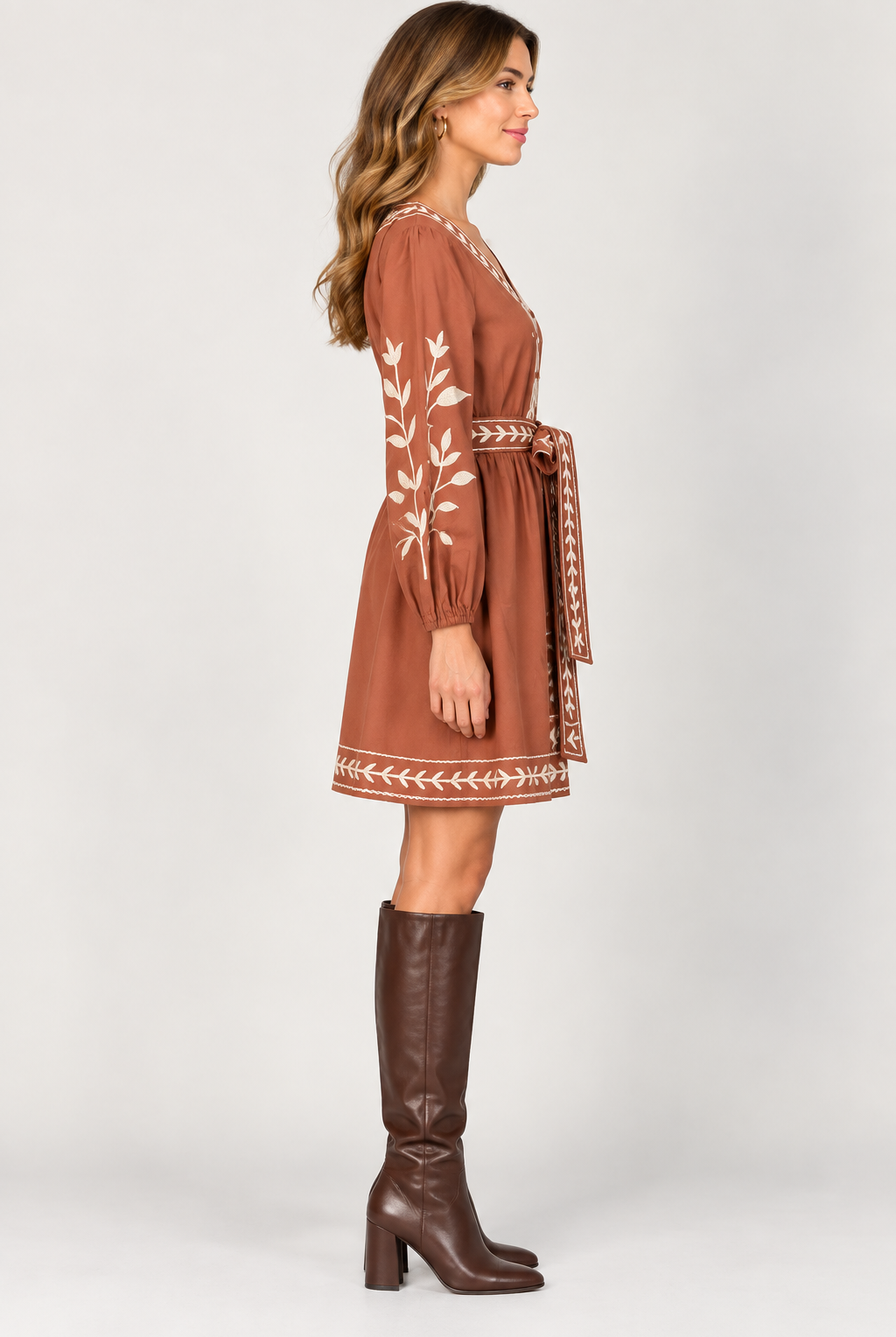 Cecilia Dress by Marigold in brown Maple Canopy print, side view showing V-neck, button front, and tie waist