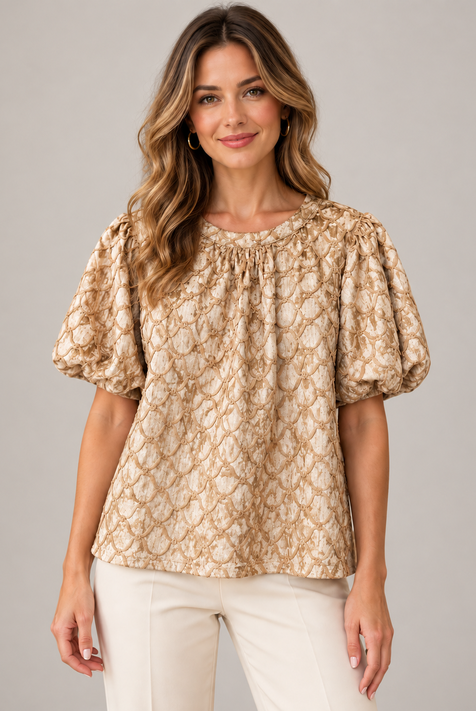Lily Grace Top by Voy in tan crushed velvet, front view with trellis trim and bubble sleeves