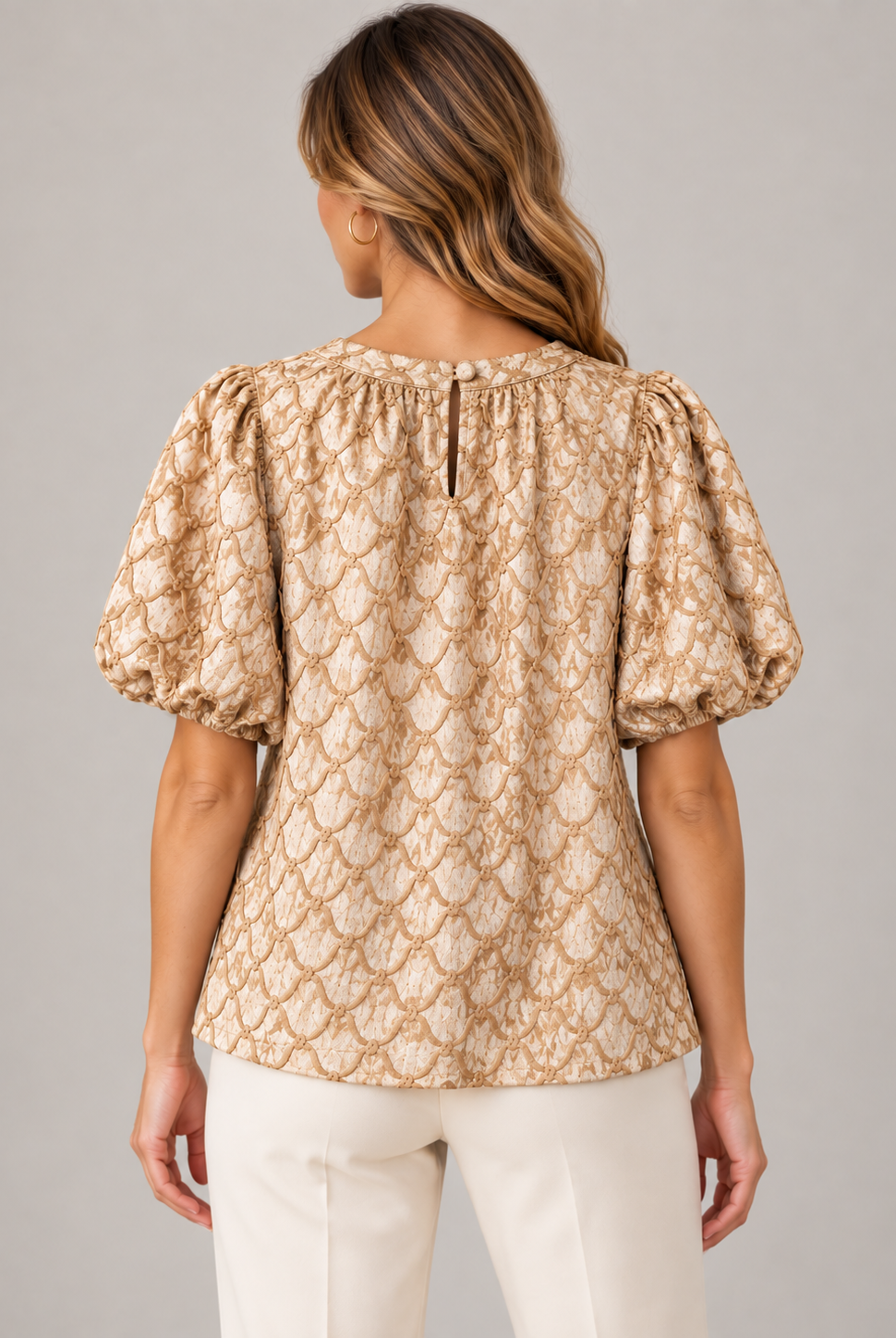 Lily Grace Top by Voy in tan crushed velvet, back view with bubble sleeves
