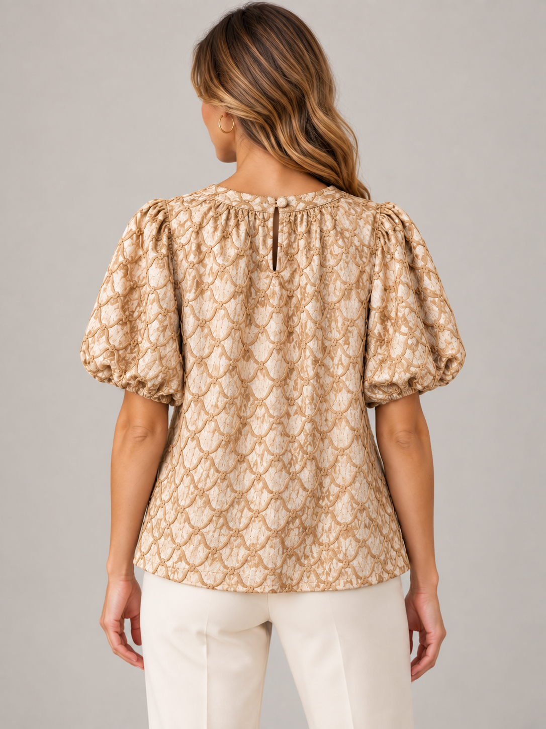 Lily Grace Top by Voy in tan crushed velvet, back view with bubble sleeves