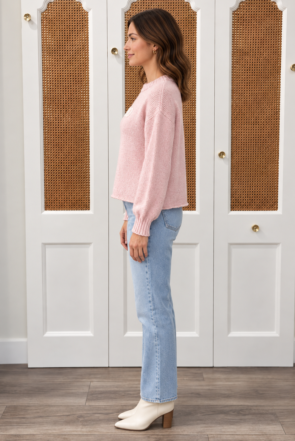Wooden Ships Boo Sweater in arctic pink, style K57CPE3W693 — crew neck pullover with ribbed cuffs and rolled hem, side view