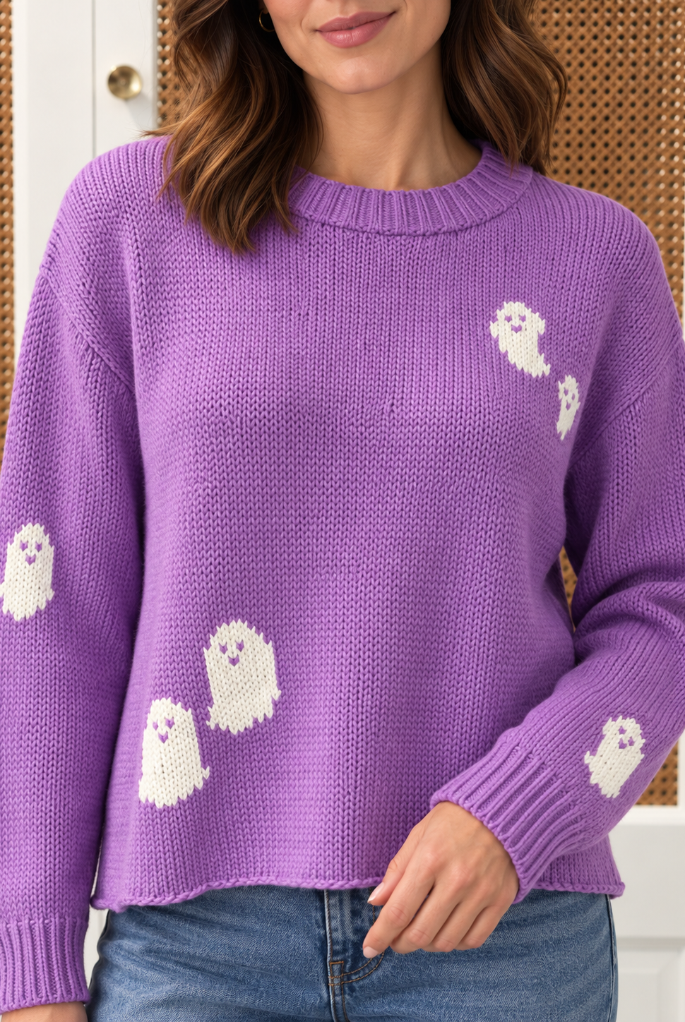 Wooden Ships Mini Ghost Sweater in purple, style K57CE2W739 — knit ghost motifs across body and sleeves, crew neck, full front view"
